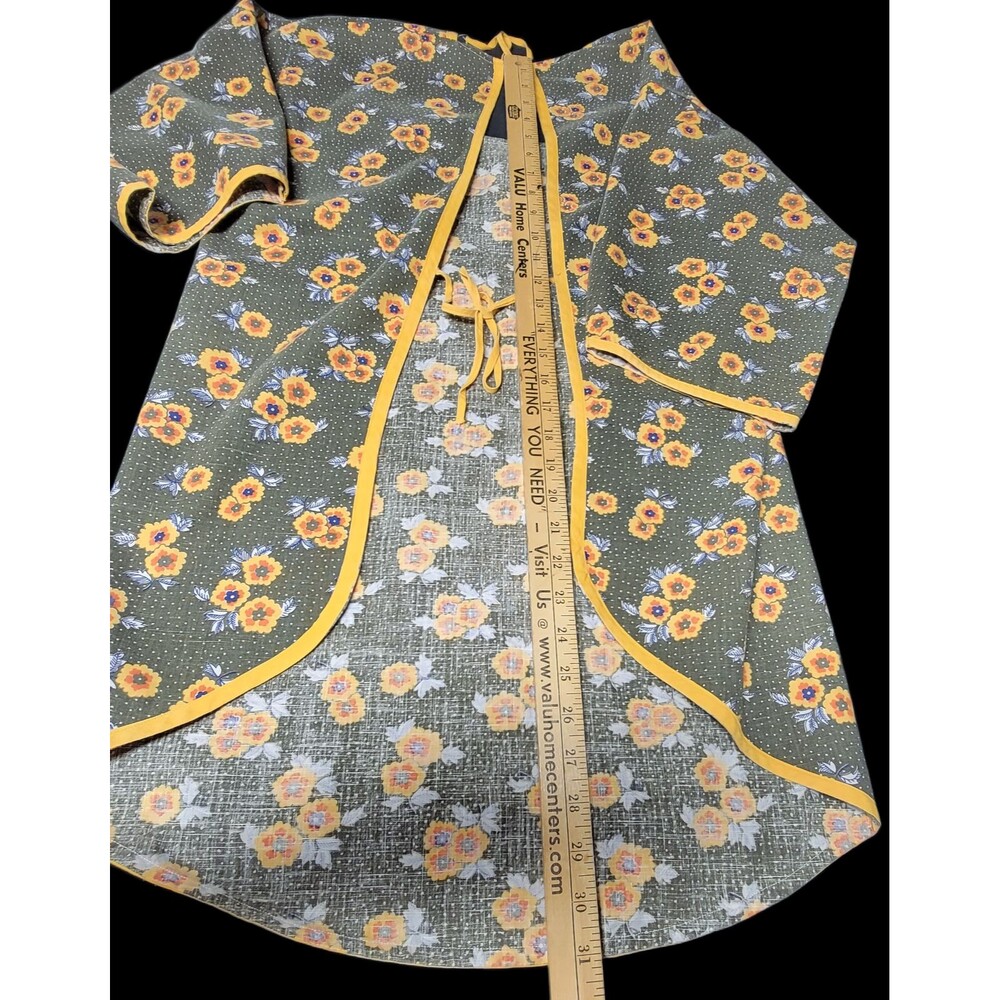 Classic Homemade Full Apron Women Green Yellow Floral 3/4 Sleeve Back Tie - Picture 6 of 13
